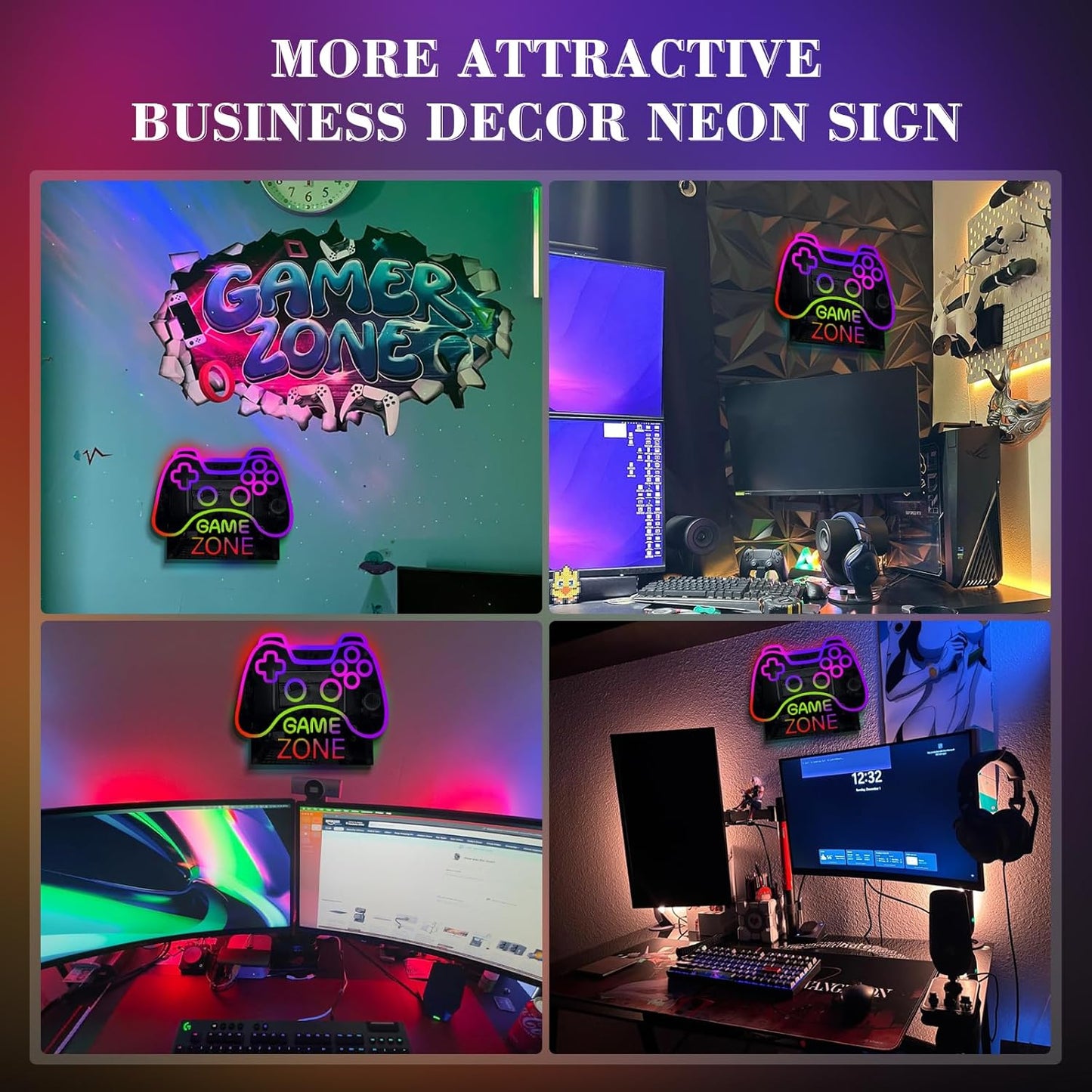 ineonlife Game Zone Controller Neon Sign Mirrored Colorful LED Lights for Gaming Room Decor Light Up Signs for Teen Boy Bedroom Decoration Best Gift for Kids 11.42 x 14.17 inches USB Powerd