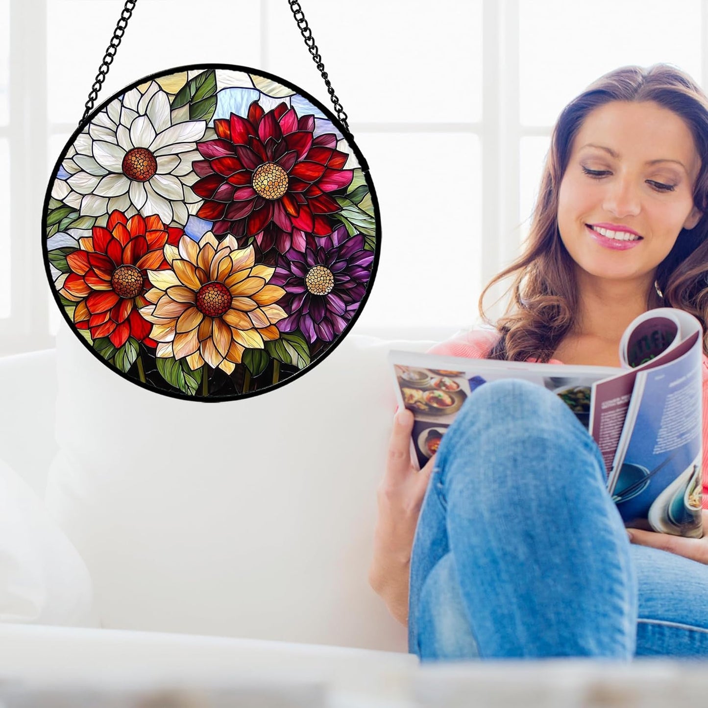Stained Glass Window Hanging, Colorful Flowers Sun Catcher for Window Door Home Decor Plant Suncatcher Christmas Mother's Day Birthday Gifts for Women Men Mom and Nana 15 in