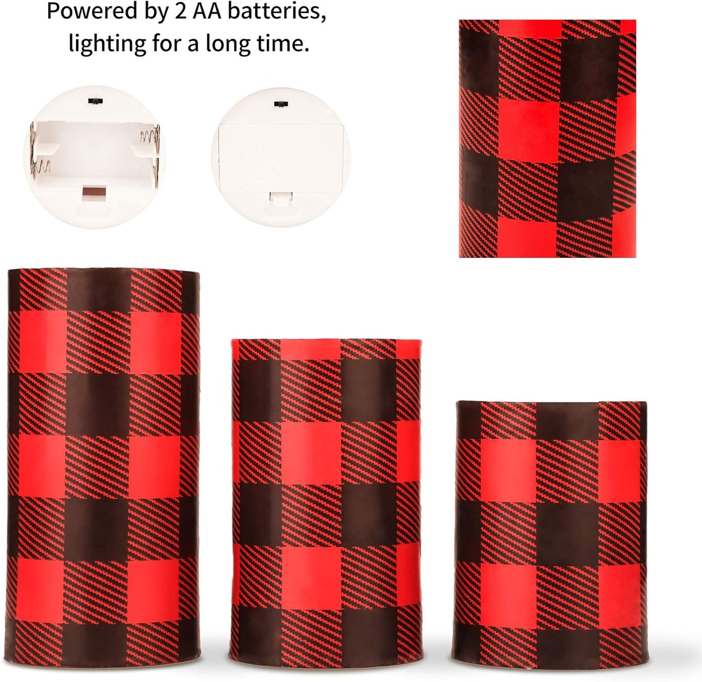 Silverstro Christmas Red Flameless Candles: Farmhouse Theme Flickering Real Wax Buffalo Check Decorative Candles with Remote - Home Party Bathroom Room Christmas Decorations - Set of 3