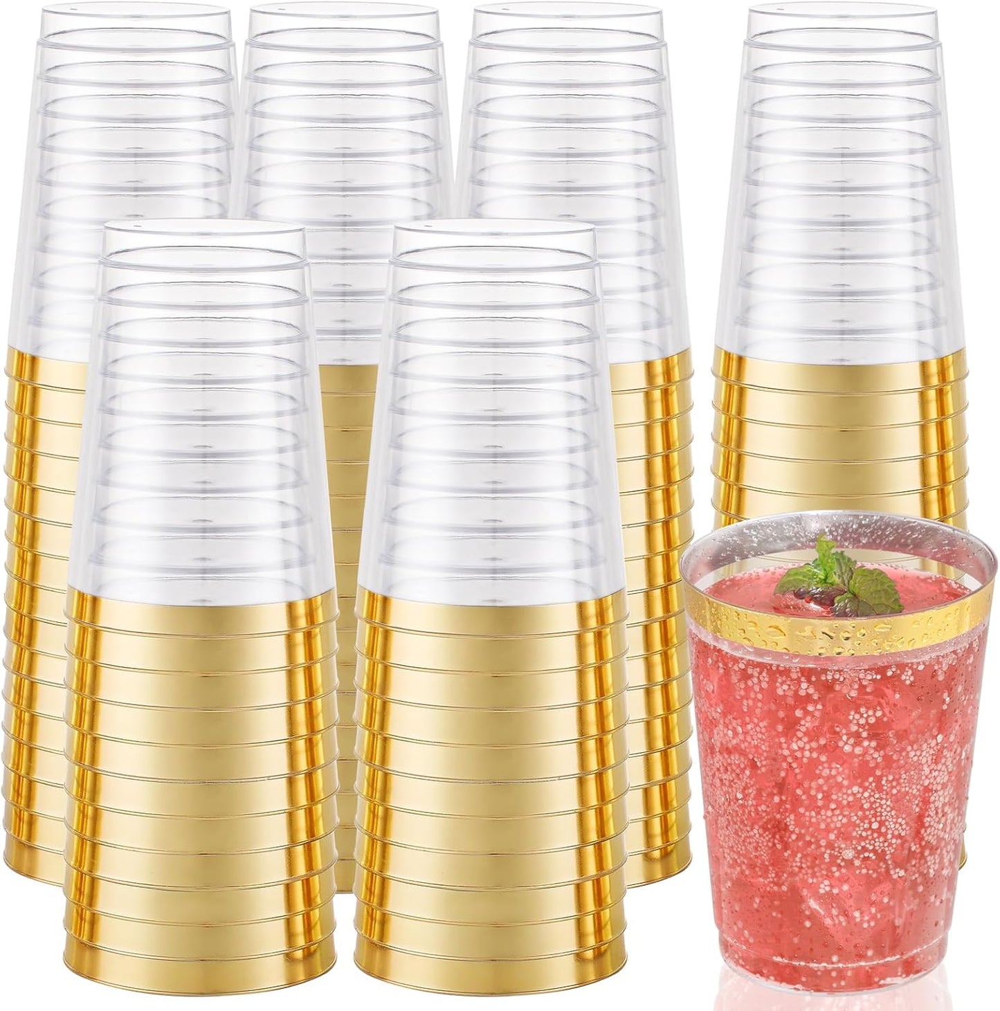 I00000 50 Pack 12 oz Gold Plastic Cups, Gold Rimmed Disposable Cups, Disposable Plastic Wine Glasses Cocktail Glasses Heavy Duty Cup with Golden Rim, 12 Ounce Tumblers for Party & Wedding