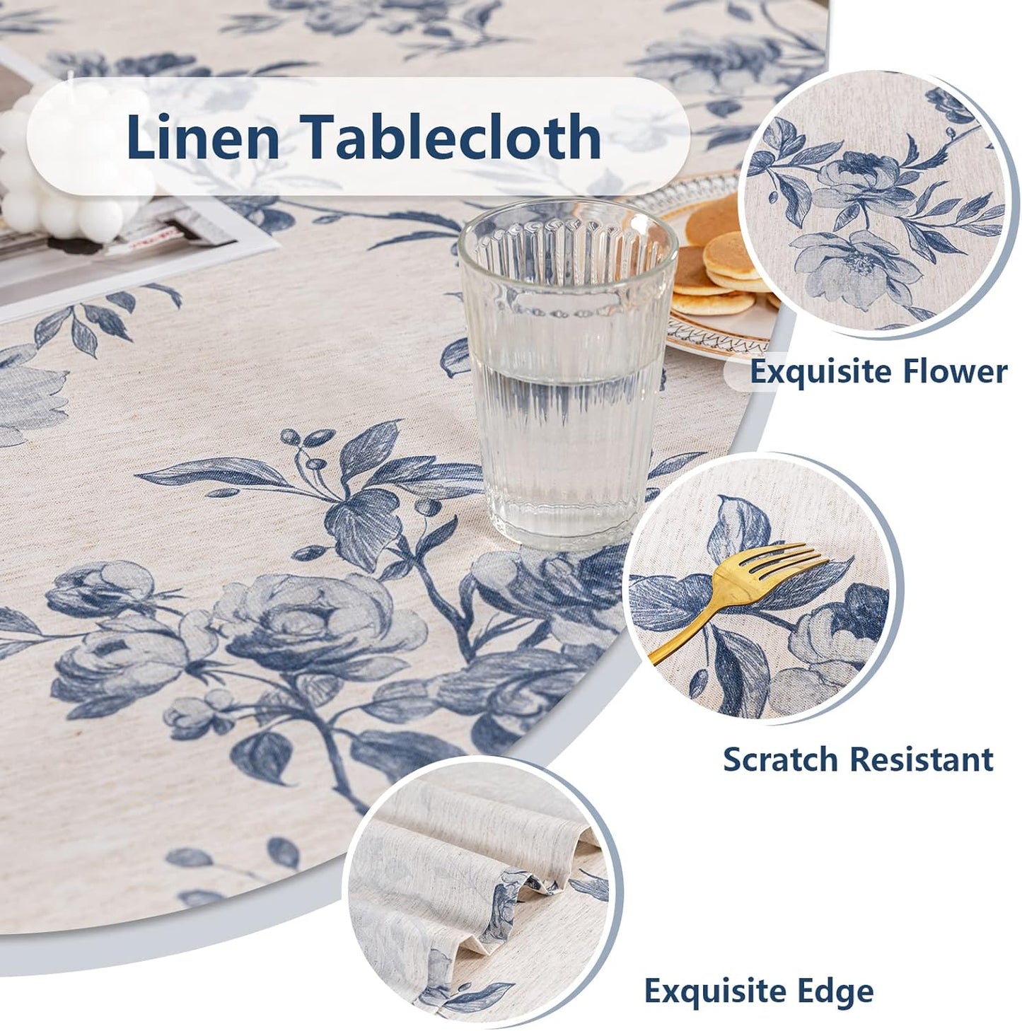 MYSKY HOME Rectangle 60x84 Inches, Tablecloth Linen Farmhouse Tablecloth Waterproof Decorative Grey Fabric Table Cloth for Kitchen Dining Floral Tablecloth for 8 Feet Table Blue Flower Tablecloth