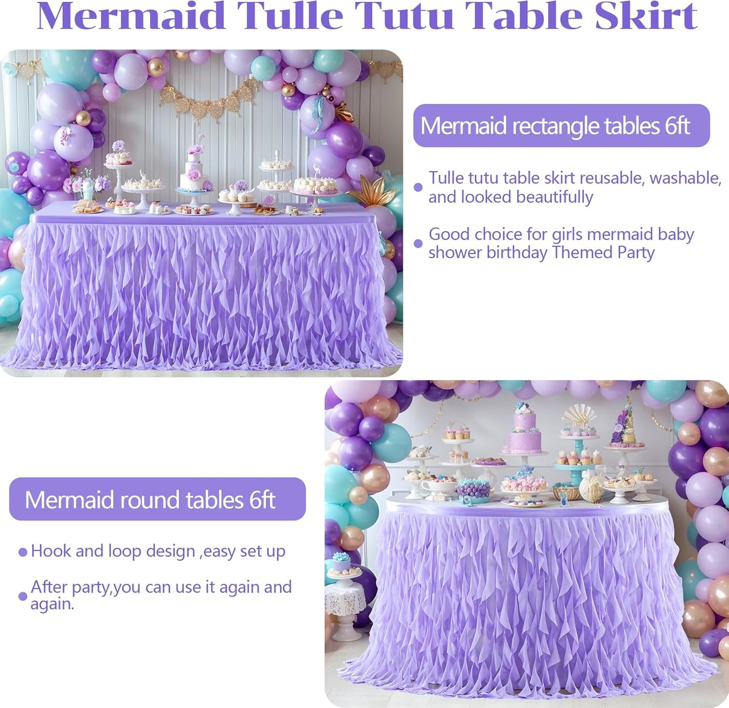 PARTISKY Lavender Purple Tulle Curly Willow Table Skirt for Rectangle Table 6ft, Ruffle Tutu Table Cloth for Girls Boys Baby Shower,Mermaid Birthday Party