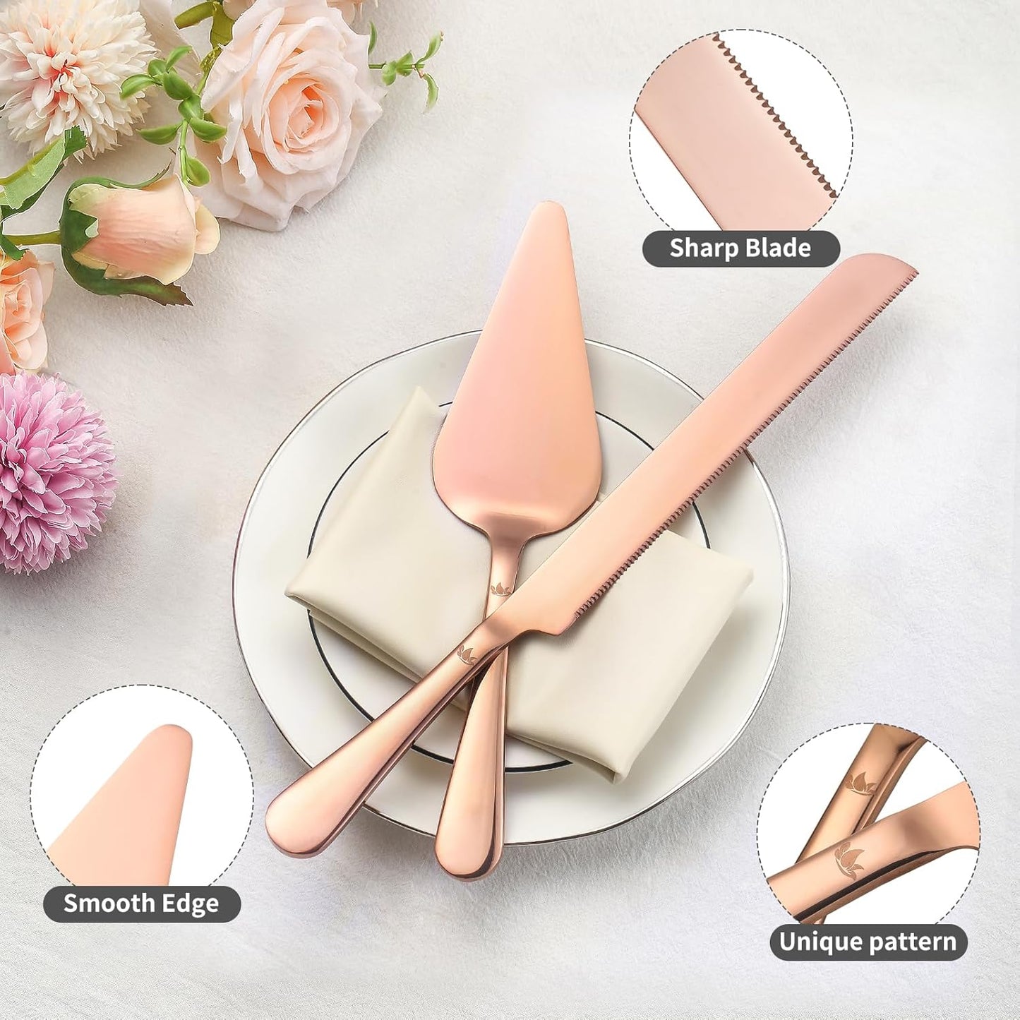 Cake Cutting Set for Wedding - Extended Cake Knife And Server Set Thickened Stainless Steel Cake Cutter and Pie Spatula Great for Birthday Anniversary Christmas Gift Rose Gold 2 Pcs