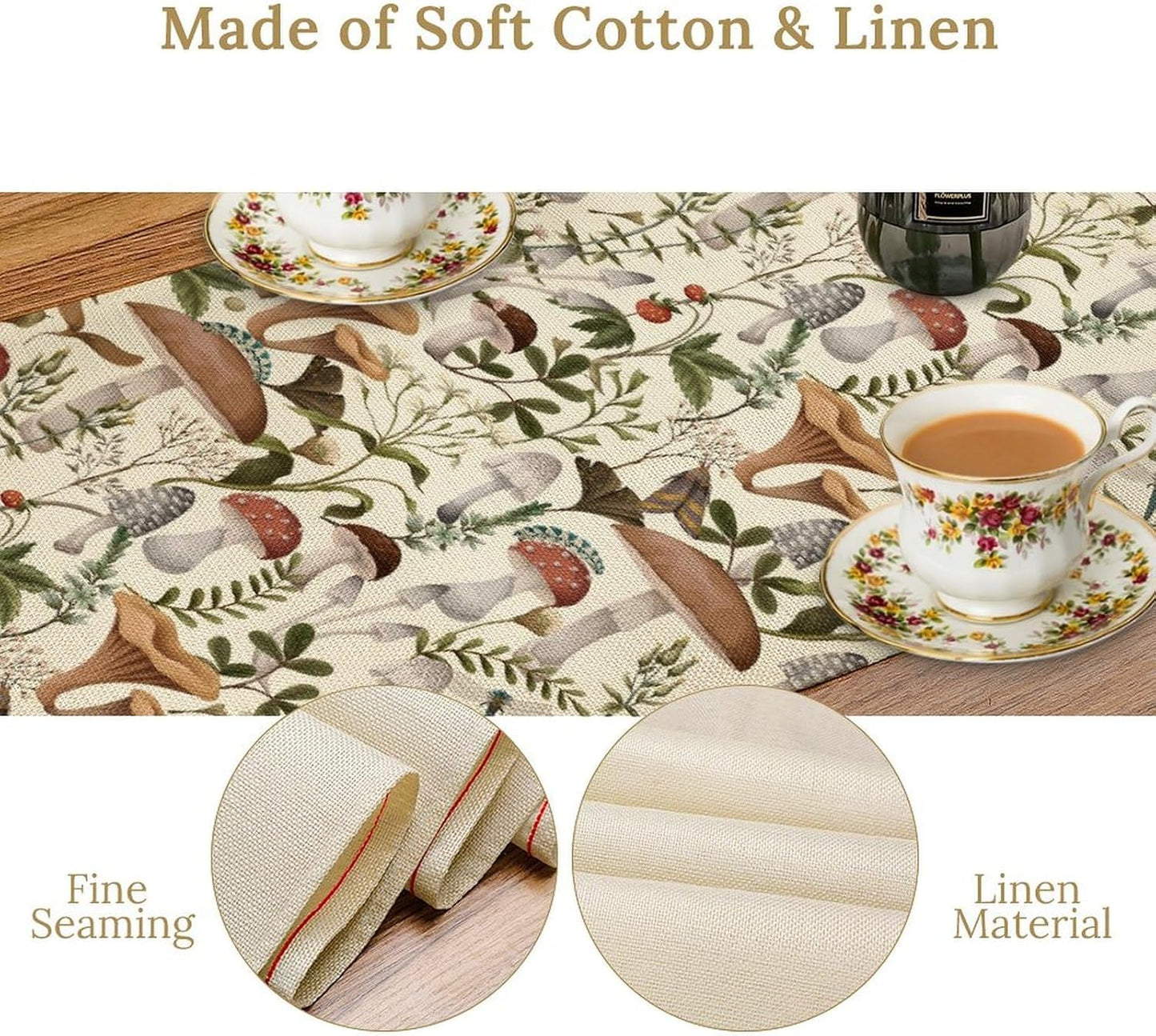 Mushroom Table Runner,Vintage Forest Flower Plant Print Table Runner for Kitchen Dining Table Home Party Decoration 13x120 Inch