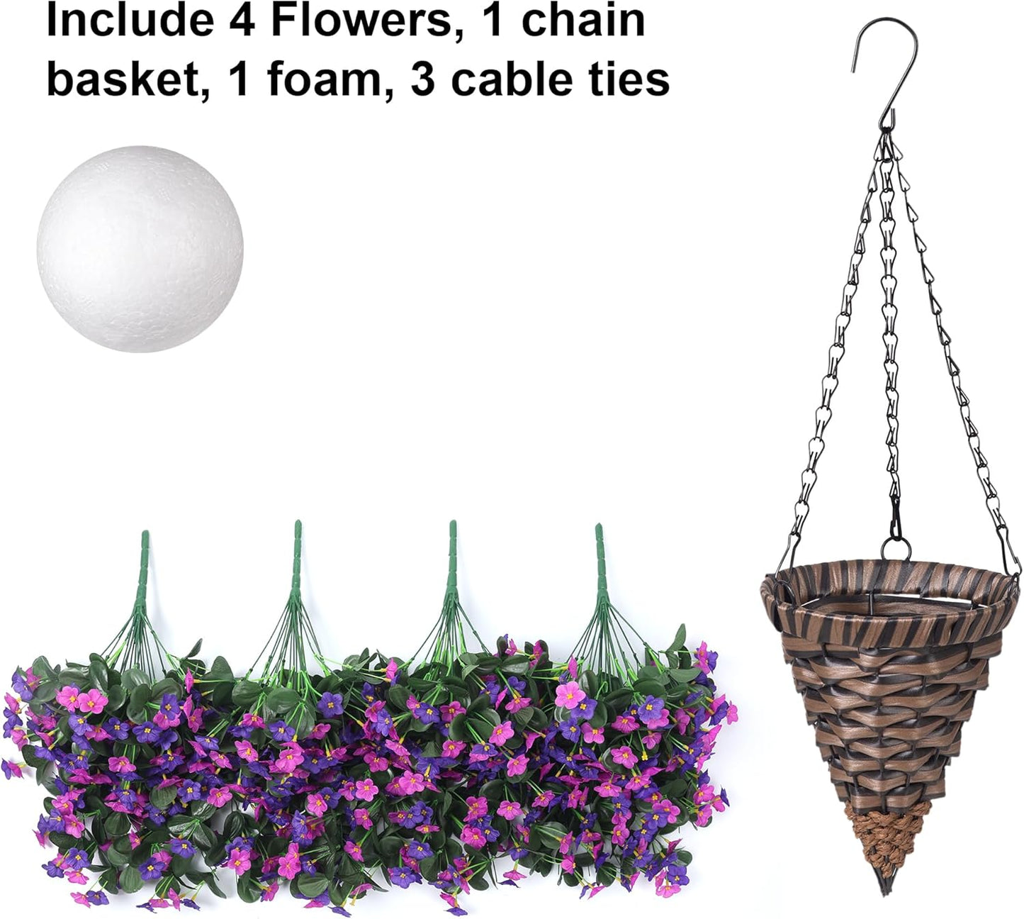 Artificial Fake Hanging Flowers with Basket for Outdoor Decoration,UV Resistant Faux Silk Dark Purple and Fuchsia Orchid Flowers Vines in Planter Realistic Hanging Baskets for Home Porch Garden