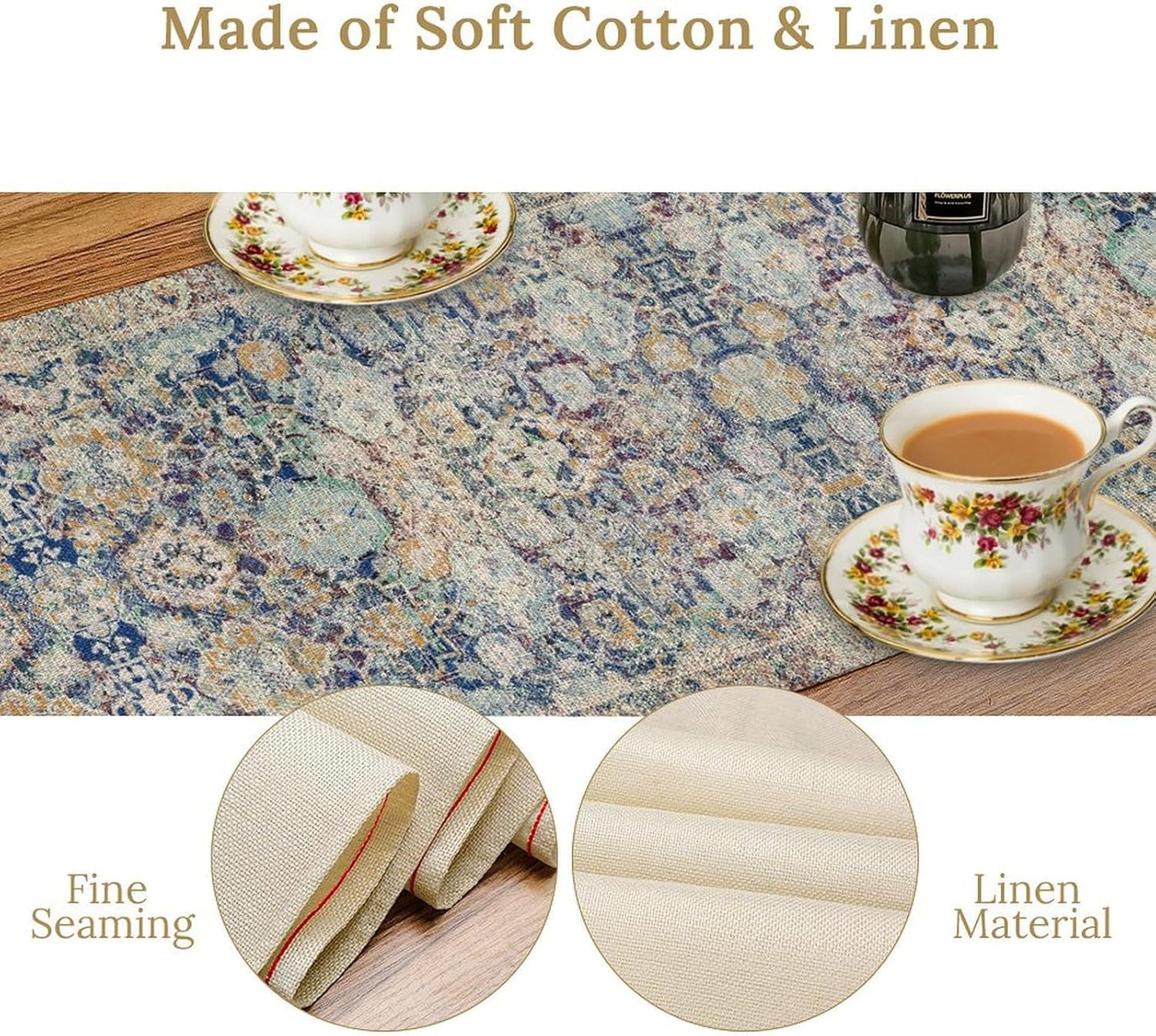 Vintage Boho Floral Table Runner, Rustic Country Farmhouse Blue Yellow Retro Flower Pattern for Home Kitchen Table Decor Dining Coffee Room Party Decor 13x108in