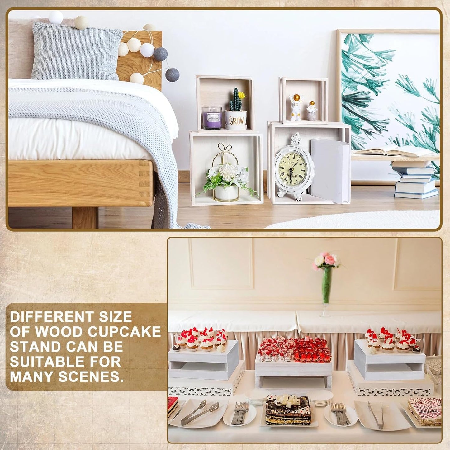 Sieral 4 Pieces Wood Cupcake Display Stand Decorative Dessert Appetizer Cake Stand Risers Wooden Crate Rustic Cake Risers for Storage for Party Christmas Halloween Wedding Decor(Vintage White)