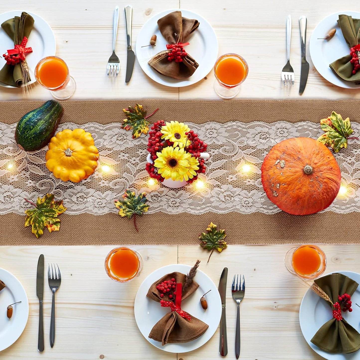 Tudomro 12 Pcs Burlap Table Runner with LED String Lights 12 x 108 Inches Rustic Jute Lace Table Runners Farmhouse Jute Linen Decoration Wedding Decor for Holiday Party Wedding Decorations