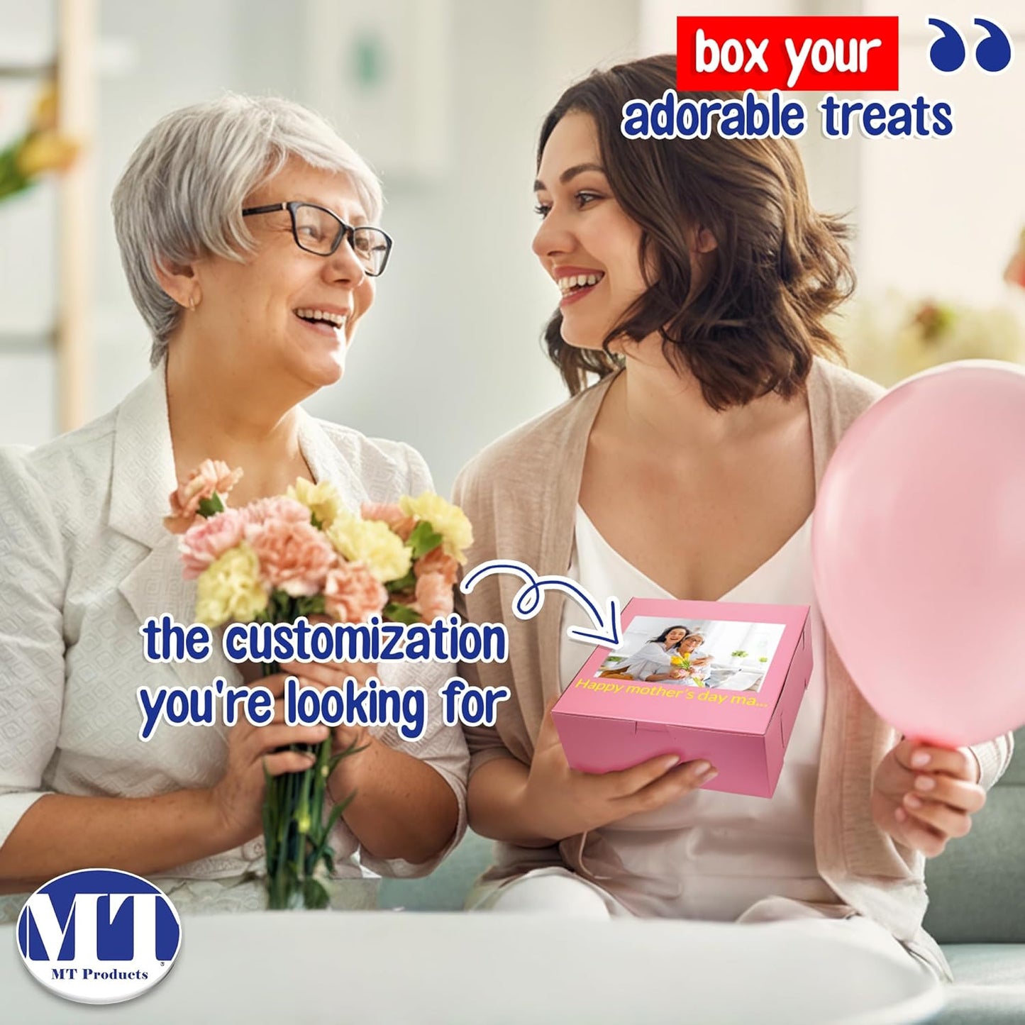 MT Products Custom Printed Pink Cupcake Boxes 8" x 8" x 3" - Personalized Disposable Bakery Boxes