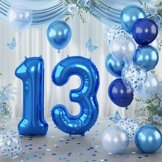 Number 13 Pastel Blue XXL 13th Birthday Decor Foil Balloon with Silver Confetti, Helium Balloon, 40 Inch for Boys Birthday Party Men Anniversary Decorations
