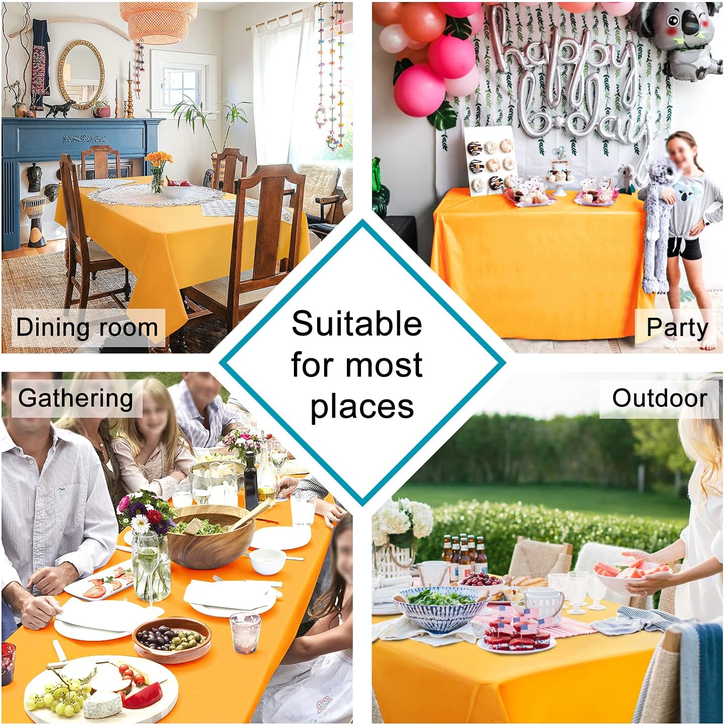 Hiasan Orange Yellow Rectangle Tablecloth - Waterproof Washable Fabric Table Cloth for Dining Party and Outdoor Use, 60 x 140 Inch