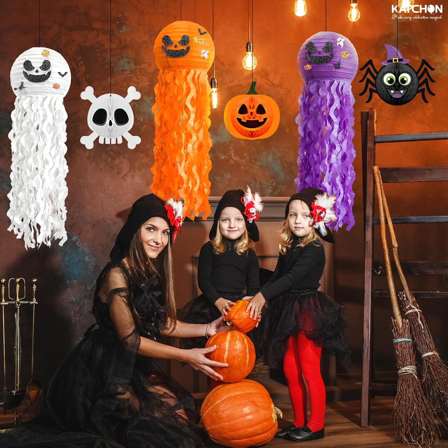 KatchOn, Halloween Paper Lanterns & Honeycomb Set – Pack 6 | Hanging Halloween Decorations Indoor, Outdoor | Paper Jack o Lantern Decor | Spooky Halloween Decorations