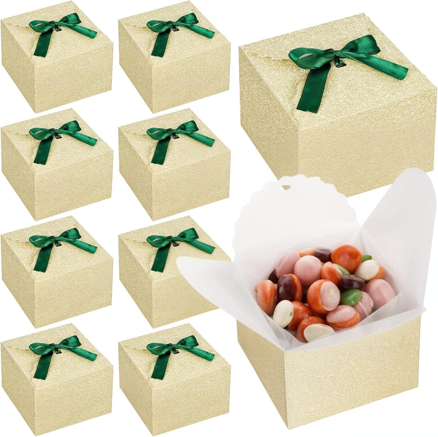 VGOODALL Gold Treat Boxes, Glitter Candy Box with Ribbon Paper Treat Boxes for Wedding Cookie Chocolates Small Gifts