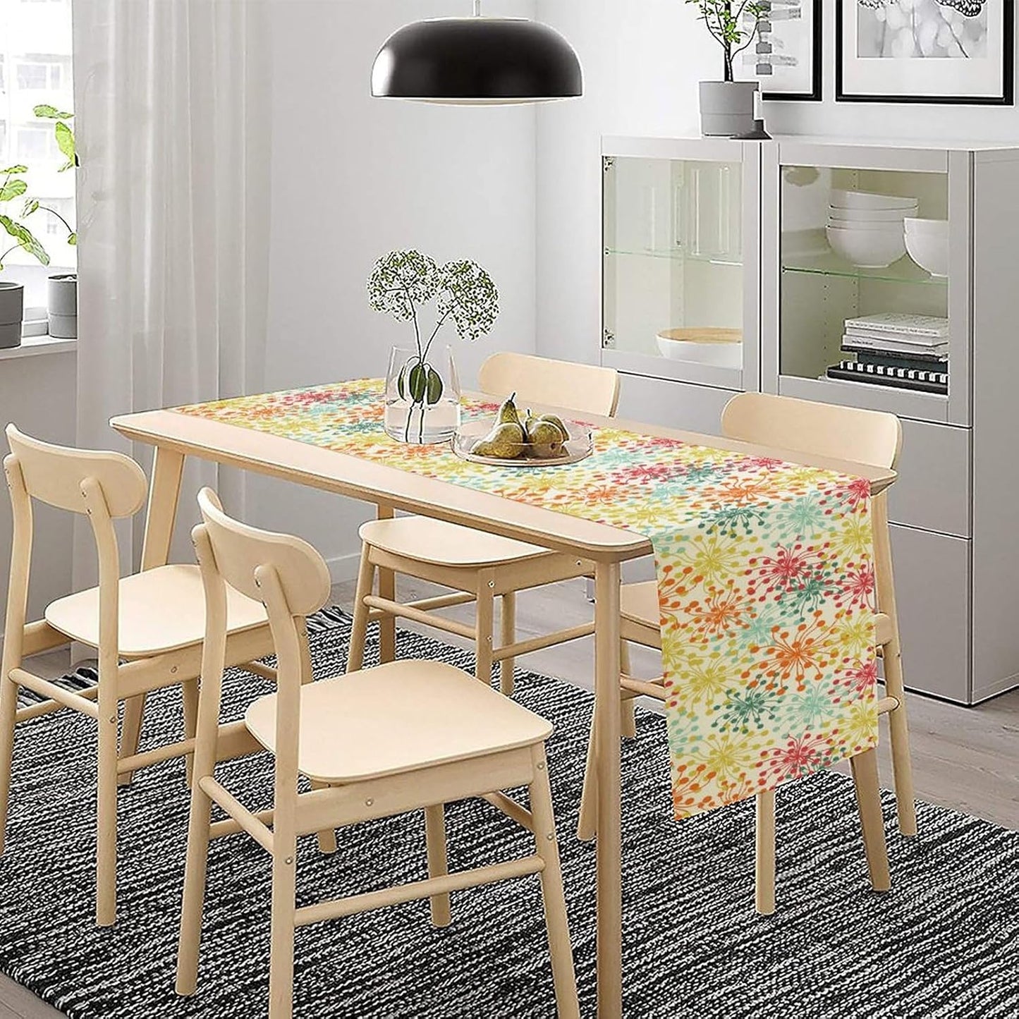 Mid Century Flower Table Runner, Colorful Geometric Abstract Chrysanthemum Vintage Farmhouse Decorations Orange Yellow Gray Table Runner for Kitchen Dining Holiday Party Decor, 13x108 Inch