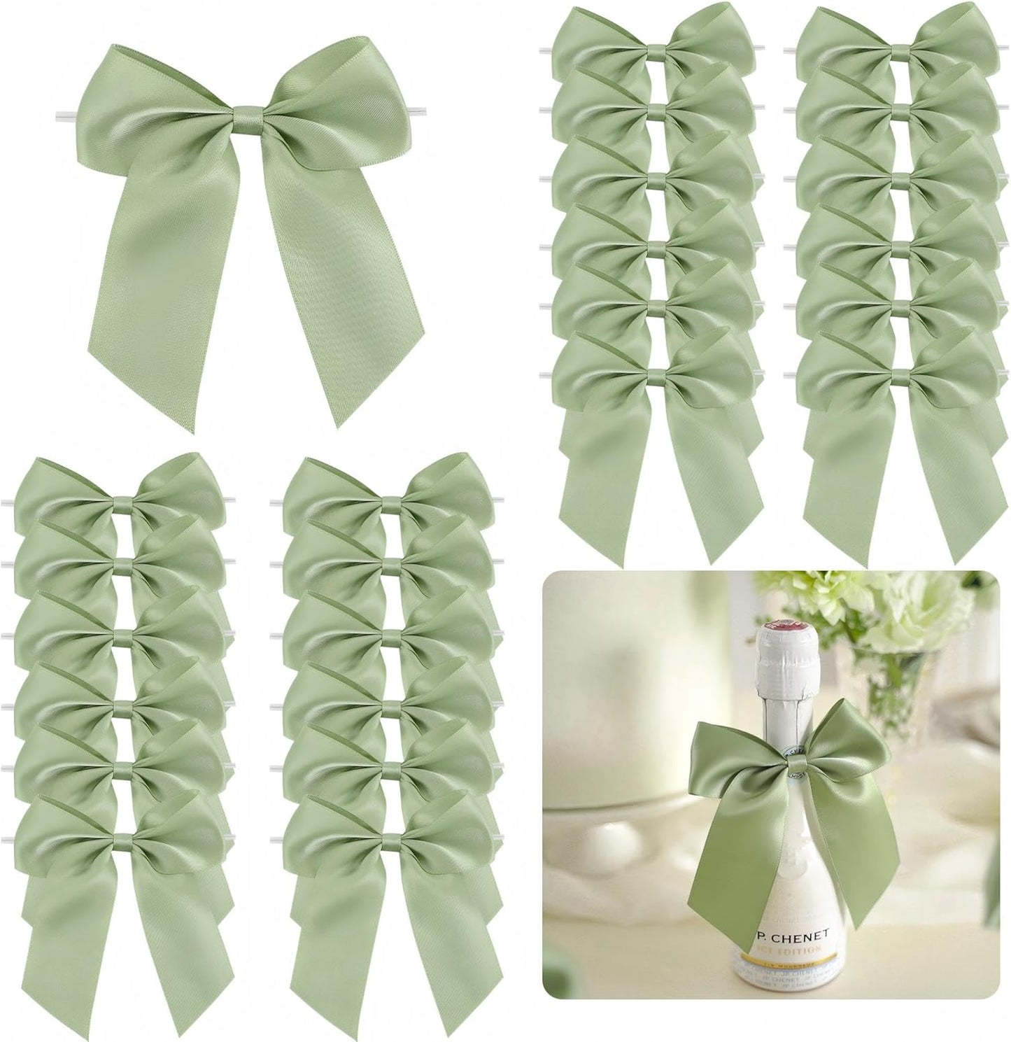4.5" Satin Ribbon Sage Green Bows for Gift Wrapping, Twist Tie Bows, Cute Bows for Crafts, Party Favors, Premade Bows Pre-Tied Decorative Bows for Flower Bouquets Candy Apple Bows-24 Counts