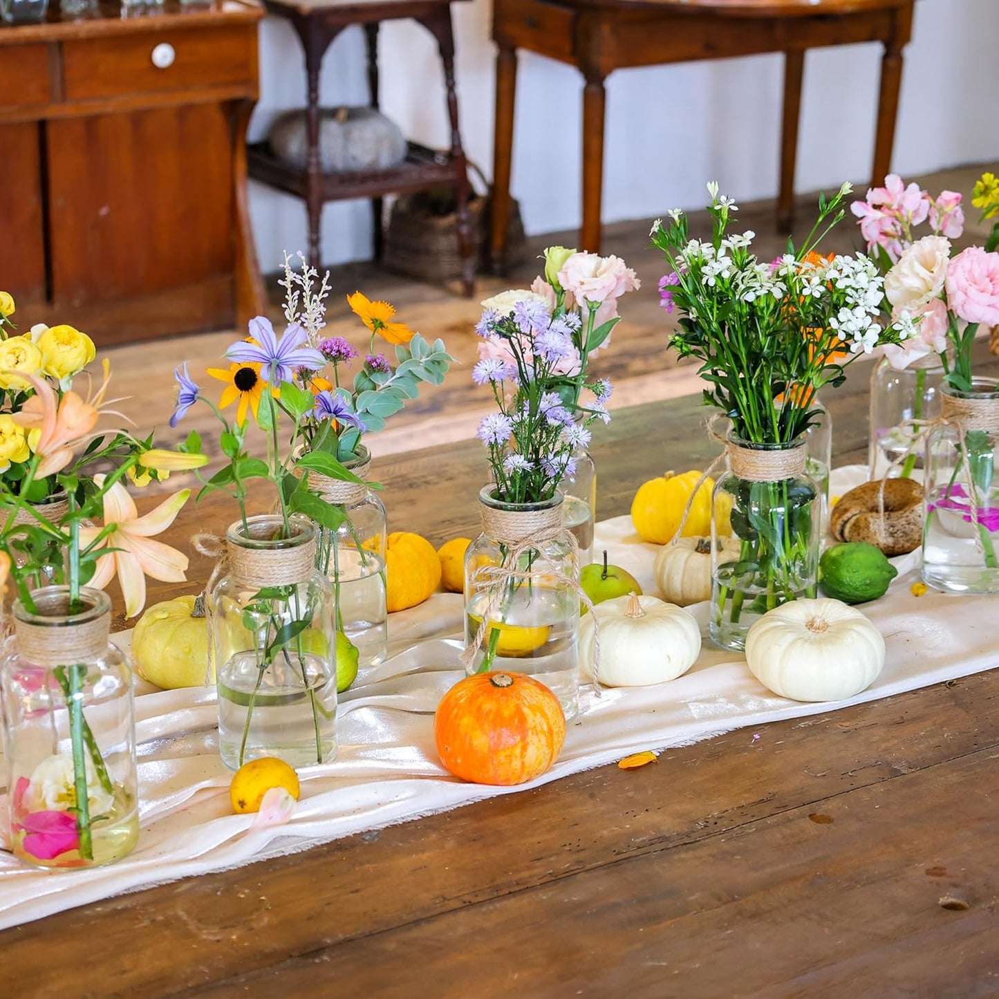 Set of 6 Vintage Glass Vases for Flowers Farmhouse Clear Glass Vases for Centerpieces Small Flower Vases with Twine Ties for Wedding, Parties & Home Decor