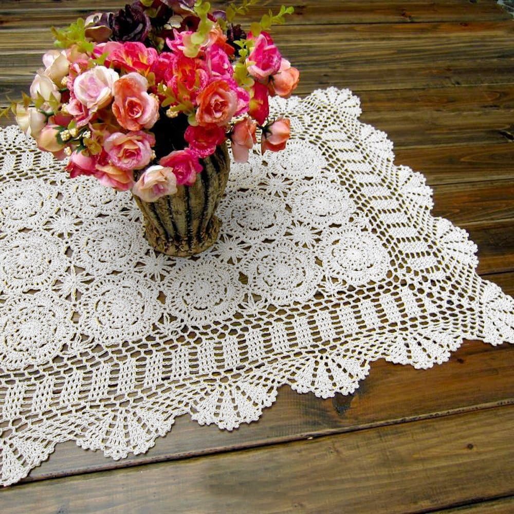 Cotton Handmade Crochet lace Table Runners Rectangular Tablecloth Doilies Doily Table Dresser Scarf Décor,19x23Inch,White