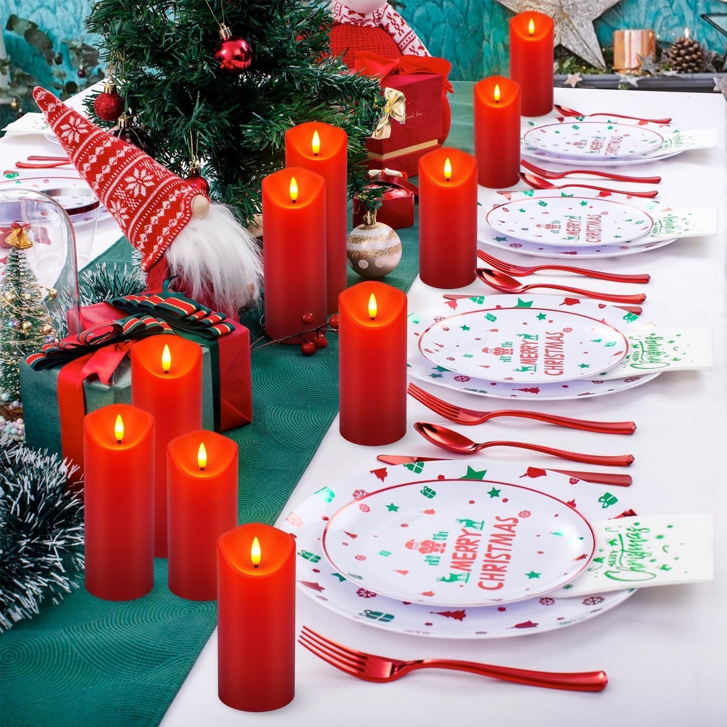 24 Pack Christmas Decoration Flickering Flameless Candles,LED Candles Battery Operated Pillar Candles with Remote Control.for New Year, Home Decor, Parties,Wedding(D2.2 xH 5" 6" 7" Red)