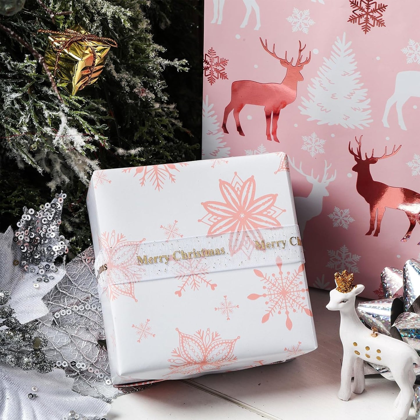 LeZakaa Christmas Pink Wrapping Paper Mini Roll, Reindeer & Snowflake, Metallic Foil, Rose Gold Foil Reversible Design for Festive Winter Holiday, Family Gathering, 17 inches x 32.8 Feet