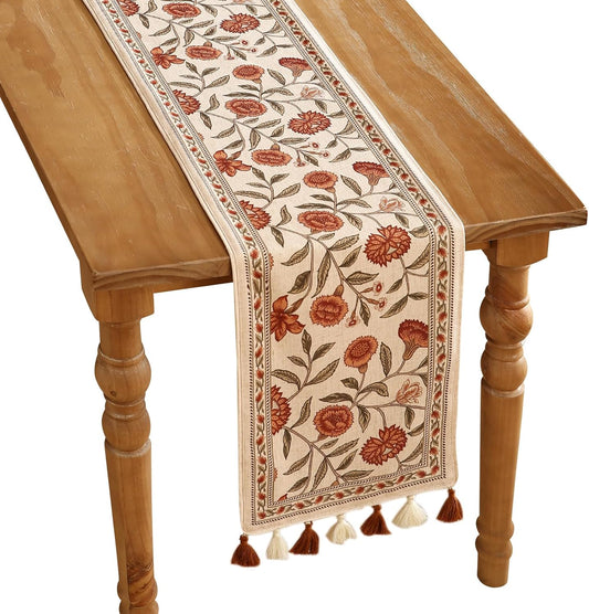 ISAENNE Designer Elegant Linen Table Runner 102 Inches Long,Vintage Orange Floral Pattern Table Runners for Dining Tables,Kitchen Decor,Thanksgiving,Christmas,Banquet,12"*102"-Alvarado A