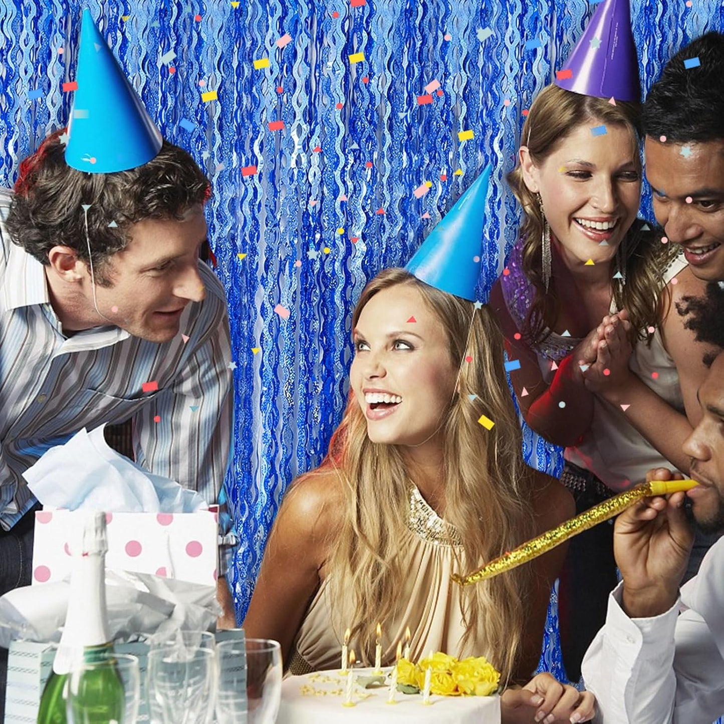 Blue Tinsel Foil Fringe Curtains Wavy Backdrop for Parties Sparkle Metallic Wavy Foil Fringe Backdrop Curtain for Party Decorations Photo Booth Props Birthday Graduation Wedding