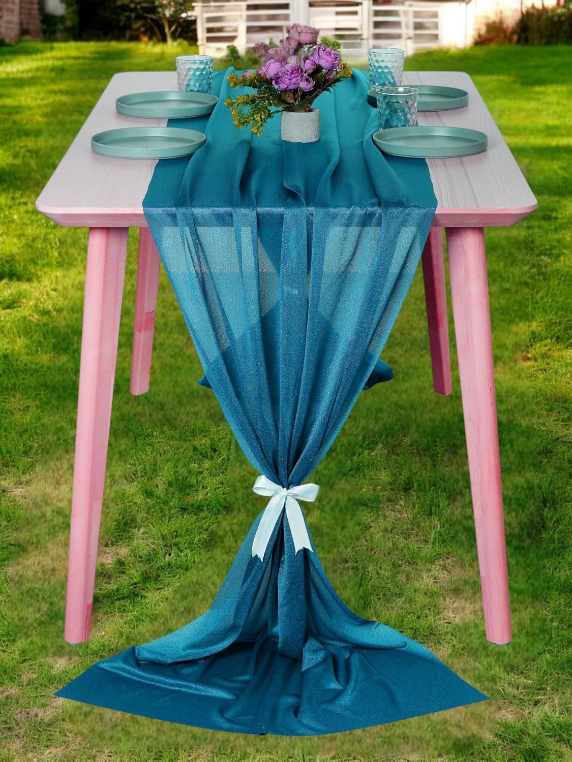 MDS 20 Pack 10ft Chiffon Table Runner 29 x 120 Inches Sheer Wedding Runner Romantic Rustic Table Runner for Wedding Decorations, Birthday Parties, Bridal Shower Party Arch Decor - Dark Teal