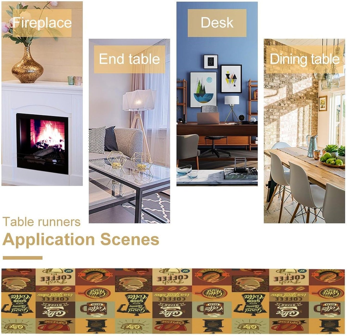 Coffee Table Runner,Vintage Style Coffee Beans Cups Theme Design Pattern Print Tablecloth Burlap for Hotel Indoors Outdoor Dining Room Kitchen Holiday Party, 13x108in