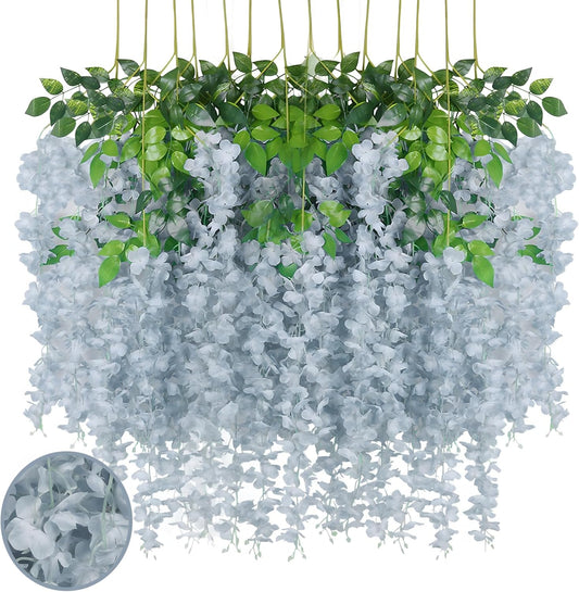 24 Pack Grey Wisteria Hanging Flowers Garland, 3.77 Feet Artificial Flower Vines, Fake Wisteria, Artificial Vines Hanging Garland for Backdrop Outdoor Yard Garden Decor