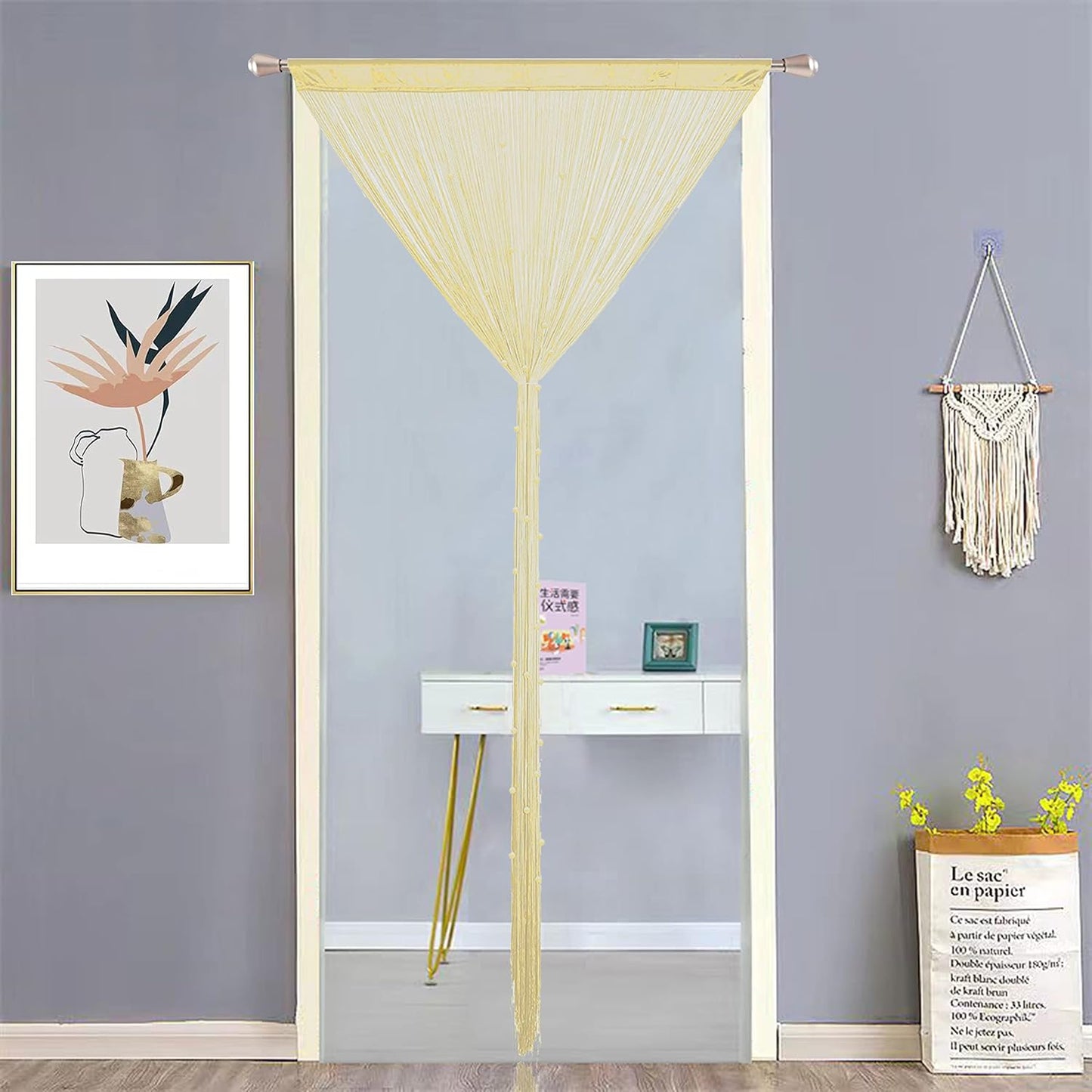 Beaded Doorway Curtain Door Beads Dense String Curtains Fringe Hippie Perfect for Wall Hanging Decor Room Divider Privacy Doors Window Closet Doorways Decorations (100x280cm,Champagne)