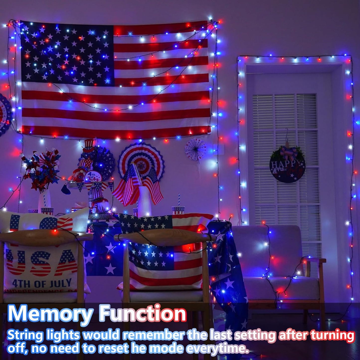 YEGUO 4th of July Decorations Red White and Blue Lights, 66ft 200 LED String Light Plug in with 8 Modes Memory for Patriotic Independence Memorial Day Decor