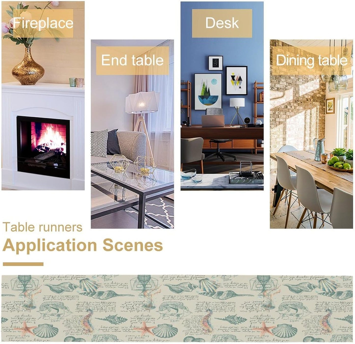 Starfish Table Runner,Seashells Beach Coastal Nautical Sailboat Jellyfish Vintage Hand Drawn Burlap for Hotel Indoors Outdoor Dining Room Kitchen Table Decor, 13x60in