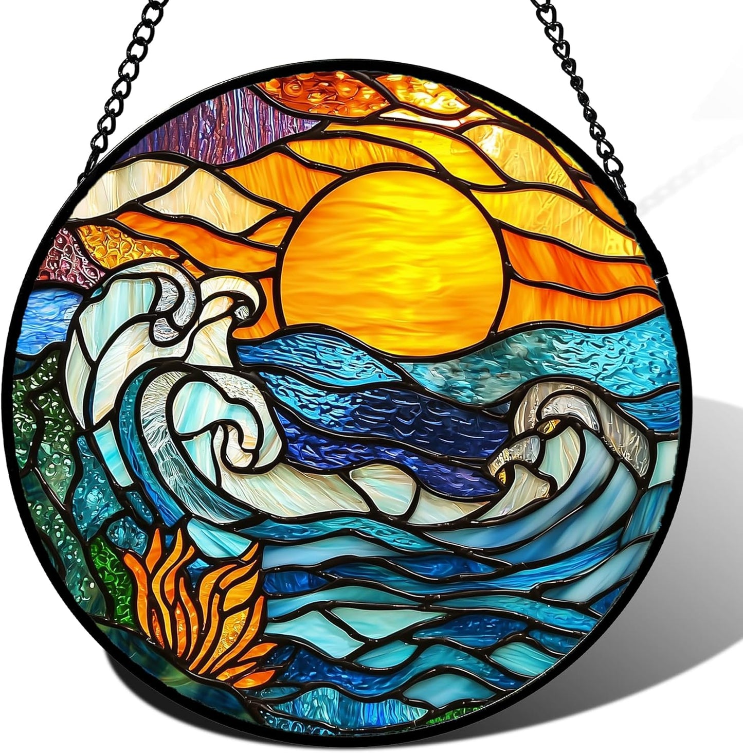 Stained Glass Window Hanging, Orange Sun Blue Sea Waves Landscape Suncatcher for Doors Window Home Sun Catchers Decor Mother's Day Birthday Gifts for Women, Men Mom 11.8 in