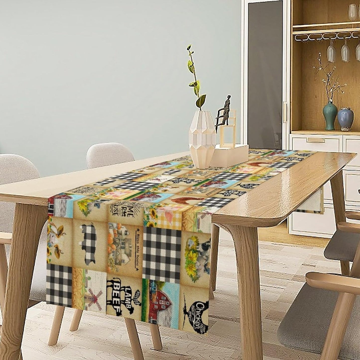 Farmhouse Animals Table Runner,Rustic Cabin Pig Chicken Cow Sunflowers Geometric Grids Burlap for Hotel Indoors Outdoor Dining Room Kitchen Holiday Party, 13x90in
