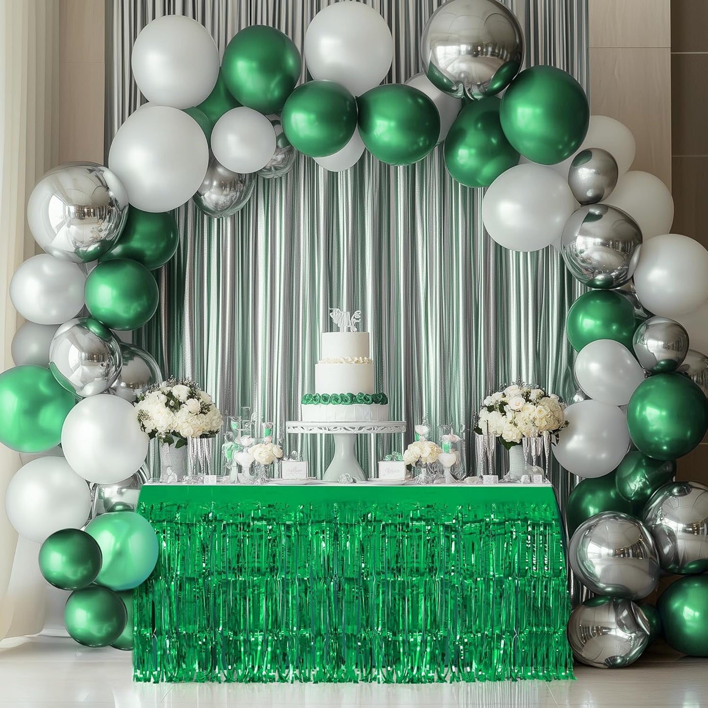 2 Pack Red Green Table Skirts, 29x108" Metallic Foil Tinsel Fringe Table Skirt for Rectangle Tables Streamer Curtains Backdrop, Party Decorations for Birthdays, Weddings, Holidays