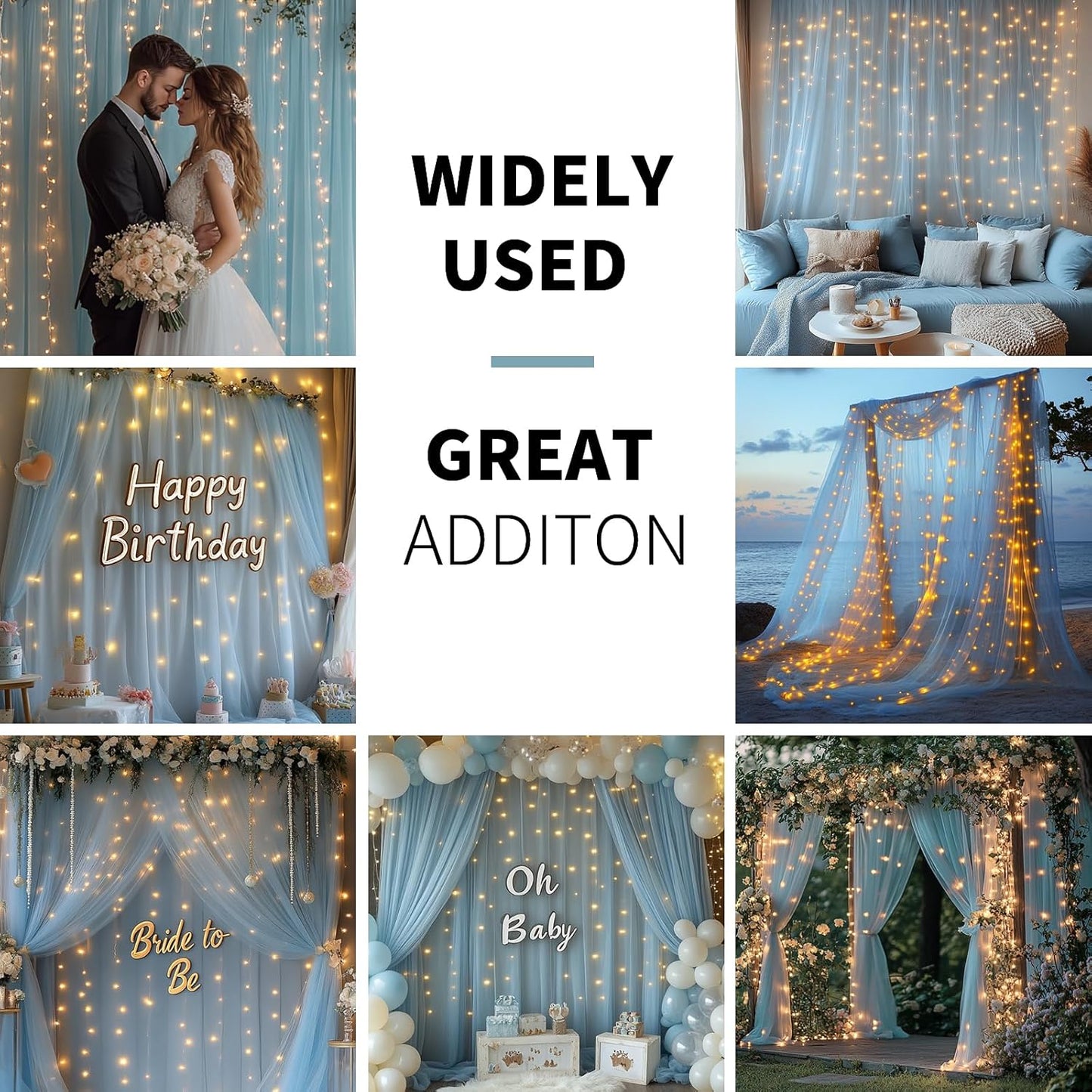 Baby Blue Tulle Backdrop Curtain with Lights String - 10x8ft Sheer Backdrop with 250 LEDs for Wedding, Baby Shower, Bridal Shower, Birthday Party Photo Shoot Background and Home Decorations