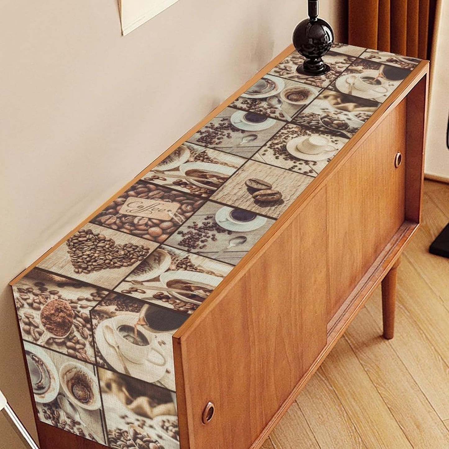 Coffee Theme Table Runner, Rustic Farmhouse Coffee Cup Latte Cappuccino Tea Party Cafe Table Center Decor for Home Kitchen Dining Patio Holiday Party Indoor Outdoor Table Decorations, 13"x108" Inch