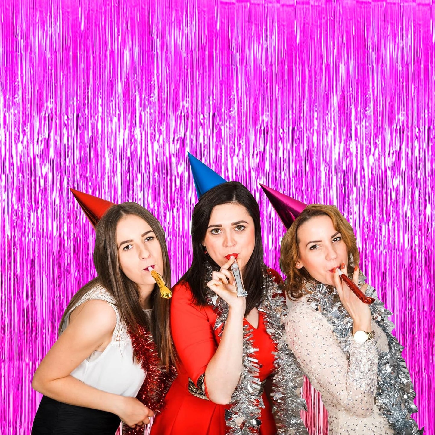 4P Metallic Foil Fringe Tinsel Table Skirts for Rectangle Tables Backdrop Banner Tinsel Streamer Garland Curtains for Parade Floats Wedding Graduation Anniversary Birthday Parties Decoration (Fuchsia)