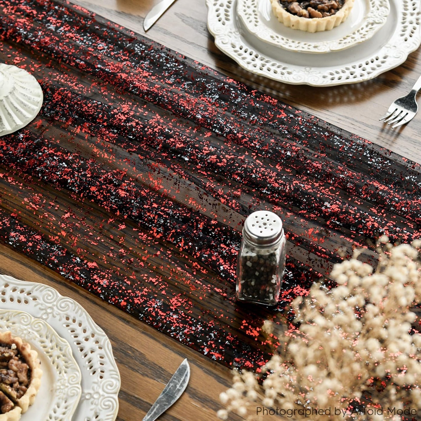 Artoid Mode Black Red Gold Gauze Table Runner 120 Inch 10FT, Glitter Metallic Foil Sheer Dining Wedding Anniversary Holiday Table Decor for Home Party
