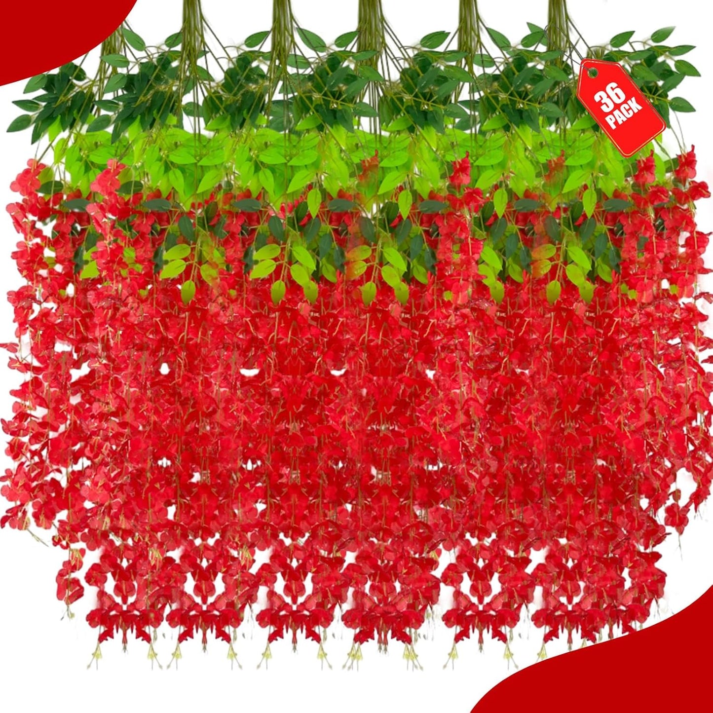 36 Pack Red Wisteria Hanging Flowers, 3.44 Ft Fake Hanging Flowers, Artificial Wisteria Garland Vines for Wedding Room Backdrop Outdoor Patio Garden Decoration