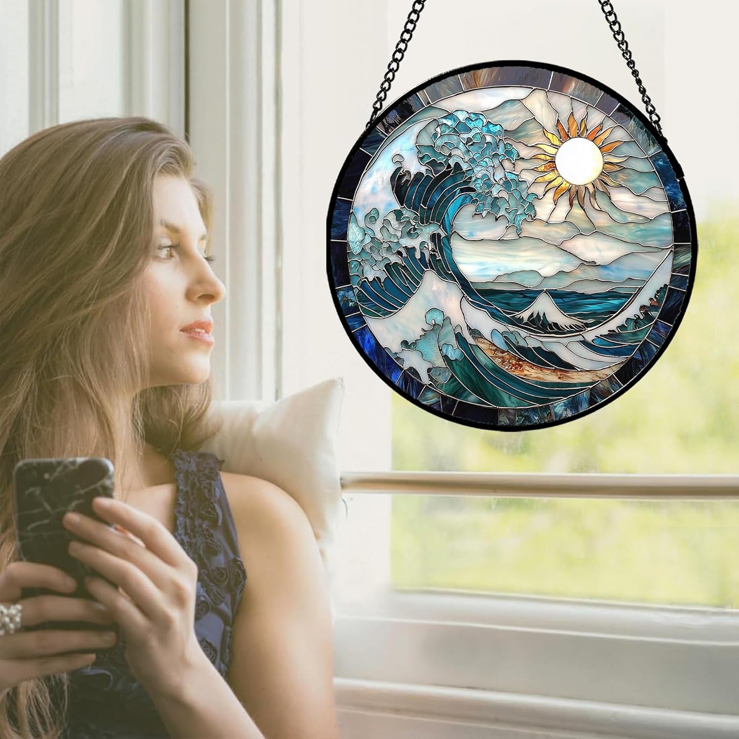 Stained Glass Window Hanging - White Sun Big Wave Suncatcher for Door Terrace Garden Home Decor Blue Ocean Landscape Sun Catcher Birthday Gifts for Lovers Women Men Dad Mom Nana 7.8 in