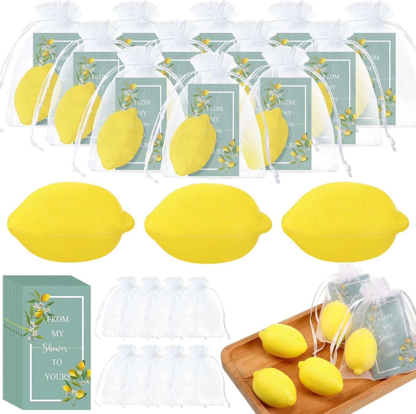 Lounsweer Set of 80 Wedding Lemon Soap Favors Mini Bridal Shower Favors Natural Lemon Shaped Soap Bar with from My Shower to Yours Cards and White Organza Bags for Party Baby Shower Decorations