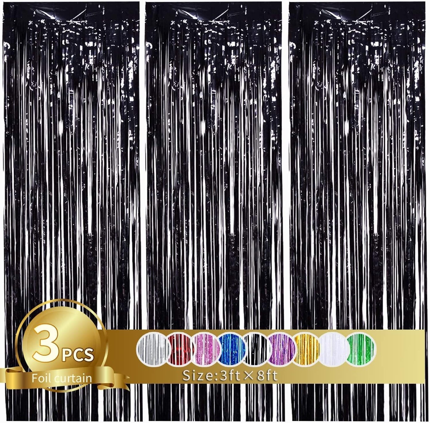 TONIFUL 3Pcs Black Door Streamers,Black Photo Booth Backdrop Metallic Streamers Foil Fringe Curtains for Halloween,Birthday,Christmas,New Year,Bachelorette,Graduation Party Decor(9.9ft x 8.2ft)