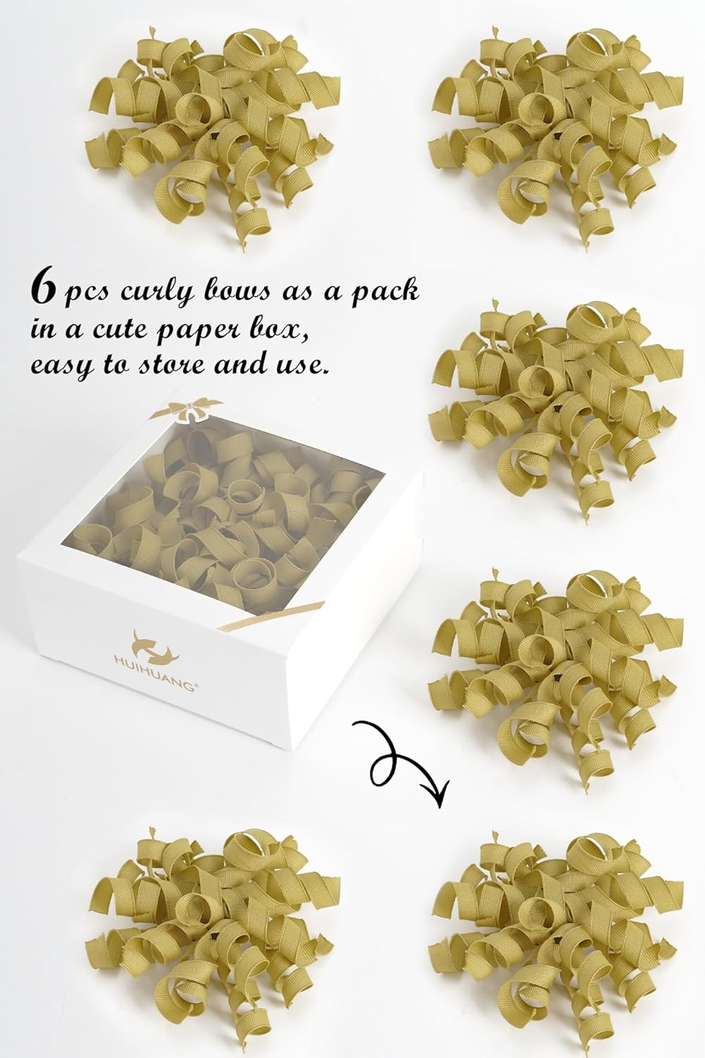 HUIHUANG Gold Bows for Gift Wrapping, Gold Curly Ribbon Bows Self Adhesive Burst Gift Bows for Present Box, Wine Bottle, Treat Bags, Wrap Accessories, Christmas Party Favor - 6 Counts