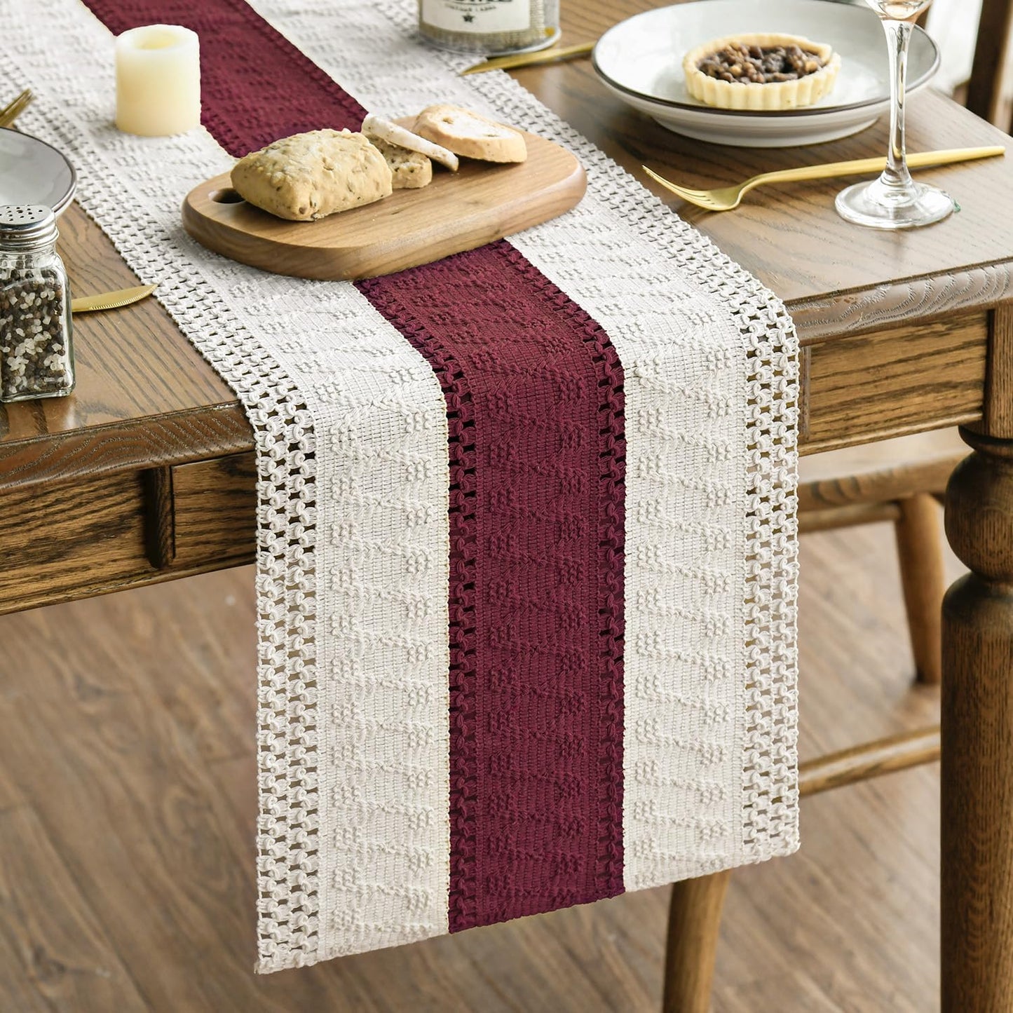 Artoid Mode Red Farmhouse Rustic Table Runner, Seasonal Holiday Hollow Kitchen Dining Table Decoration for Home Party Decor 12x36 Inch