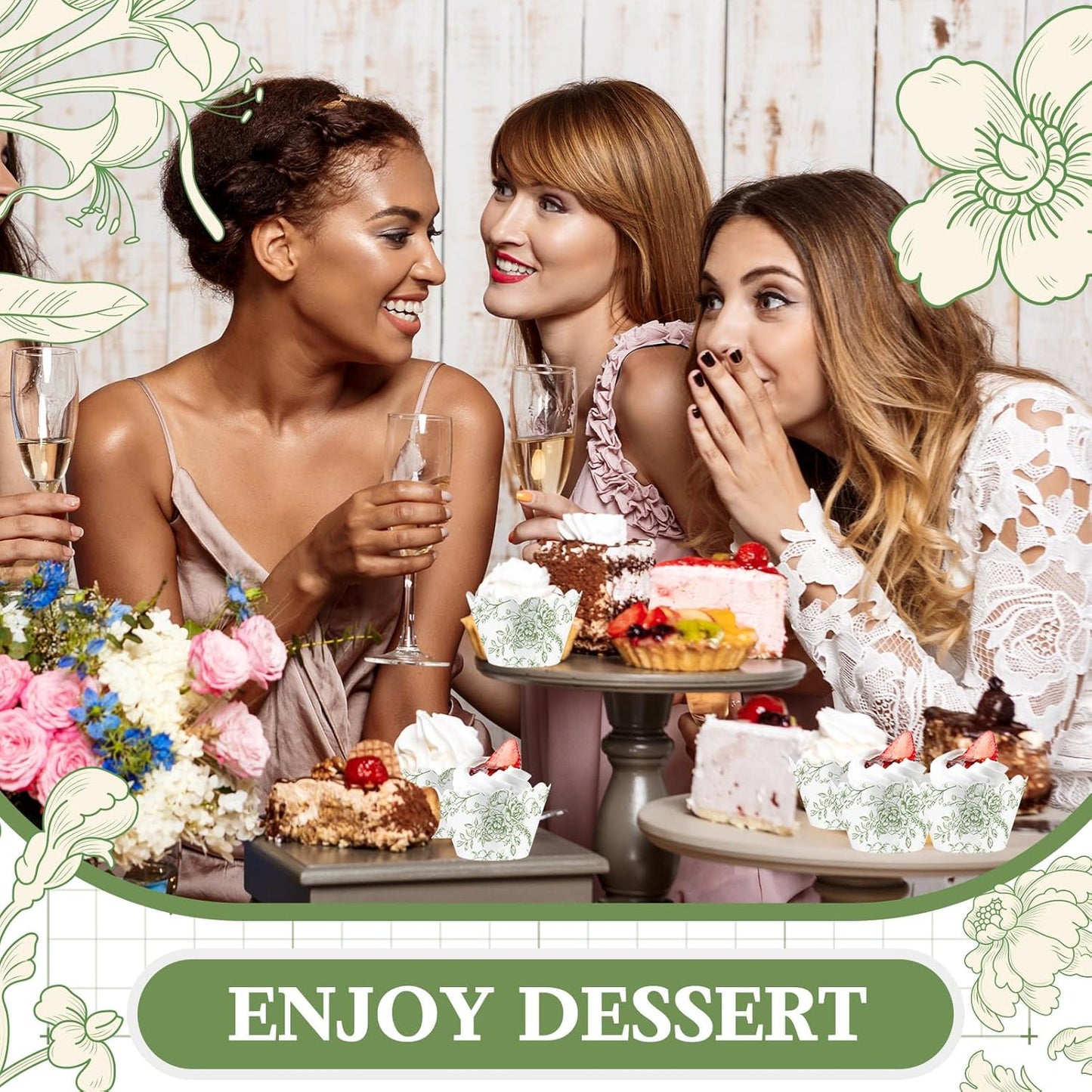 Domensi 100 Pcs Cupcake Wrappers Rustic Cupcake Liners Baking Cups Baking Liners for Wedding Bridal Baby Shower Birthday Party Supplies Dessert Decoration(Green, Floral)