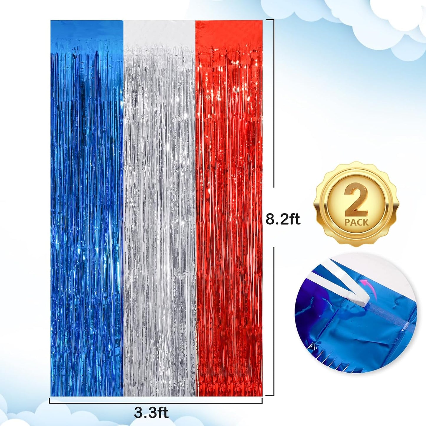 2Pack 3.3 x 8.3Ft Blue Red Silver Foil Fringe Streamers Curtain Metallic Foil Tinsel Fringe Door Streamers for Birthday Wedding Xmas Party Photo Iridescent Blue Streamers Party Decors Streamers