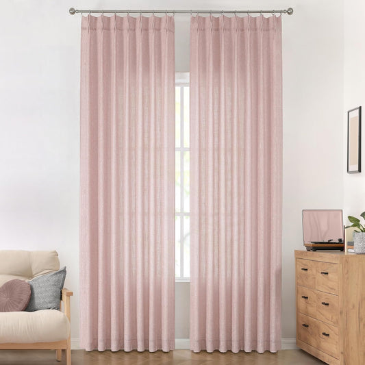 Vision Home Pink Pinch Pleated Semi Sheer Curtains for Girls Bedroom Living Room Textured Light Filtering Window Curtains 120 inch Rayon Blended Pinch Pleat Pink Drapes with Hooks 2 Panels 40"Wx120"L