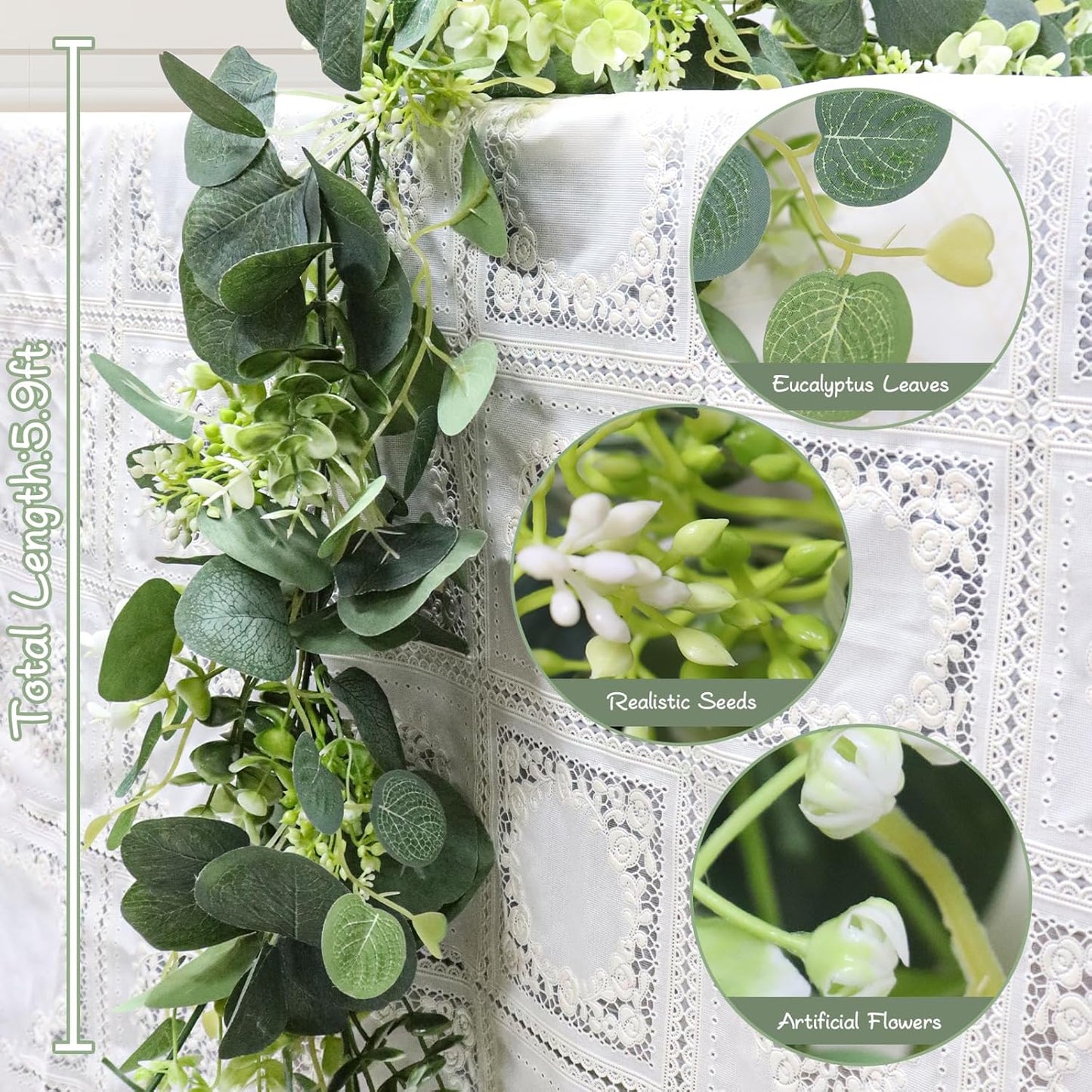 MAKHOT 5.9FT Eucalyptus Garland, Artificial Greenery Garland Flower, Green SpringGarland Wreath Vines Decorations, Fake Silver Dollar Eucalyptus Leaves Vines for Table Home Wedding Mantle Party Decor