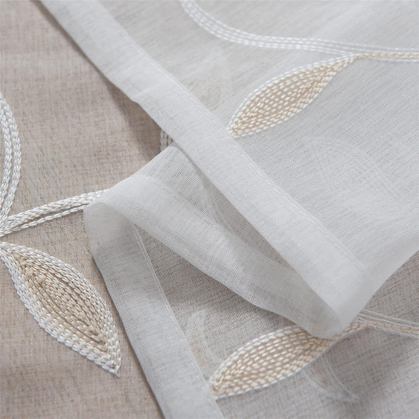 VISIONTEX Sheer Curtains 120 inch Length 2 Panels Set, White Voile Crushed Cream Vine Leaves Embroidery, Rod Pocket Embroidered Window Drapes for Living Room and Bedroom, 54" x 120"