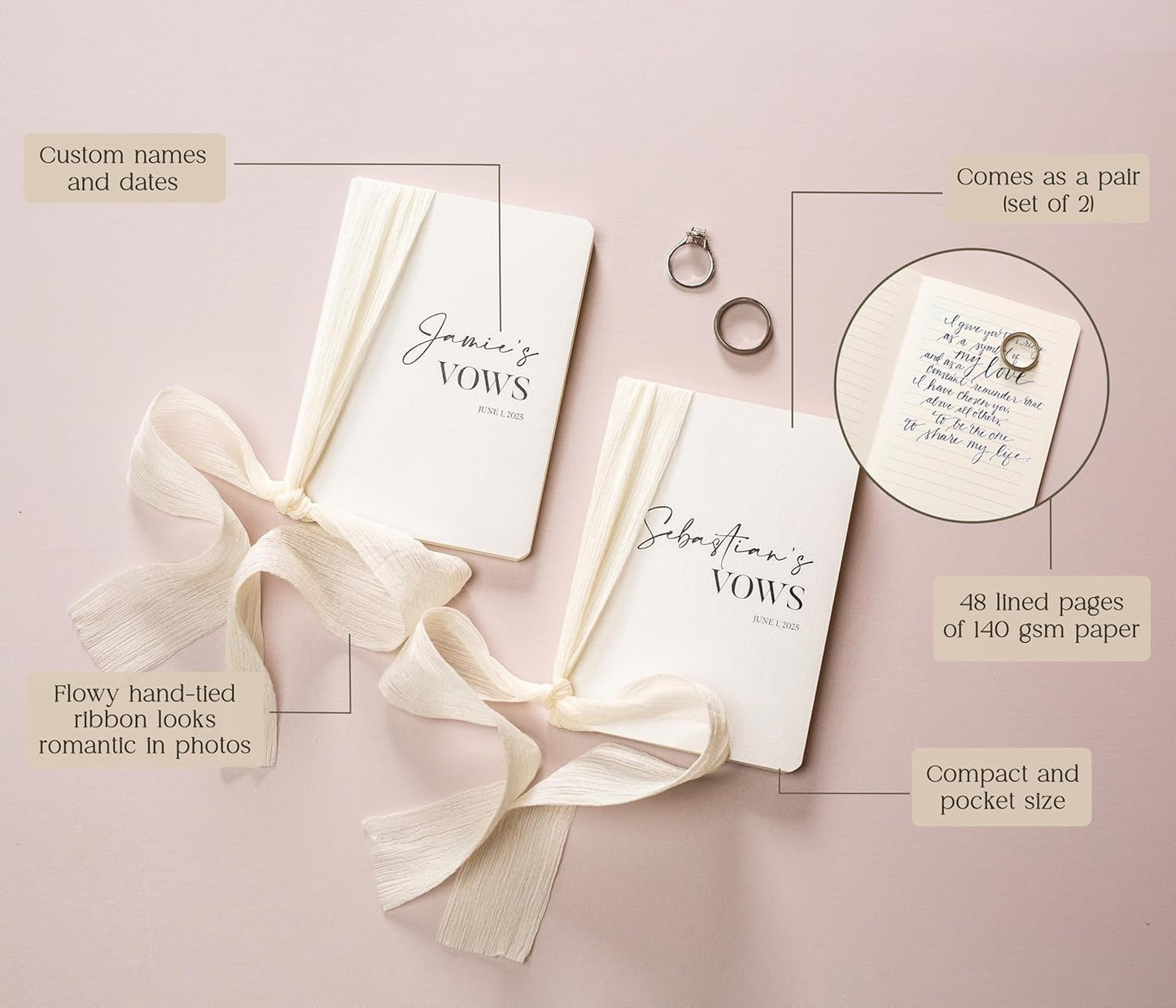 Modern Album Designs Set of Custom Slim White Vow Books w/Ribbon (Set of 2) - 5.625 x 4 Minimalist Pocket Sized Romantic Wedding Ceremony Vow Renewal Speech Notebook Journal